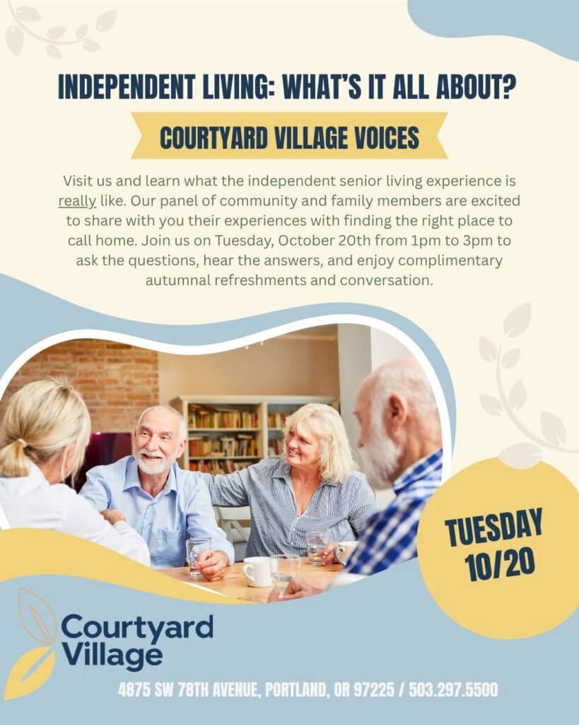 Courtyard Village Voices flyer: independent living panel, Tuesday, October 20, 1 to 3 p.m.